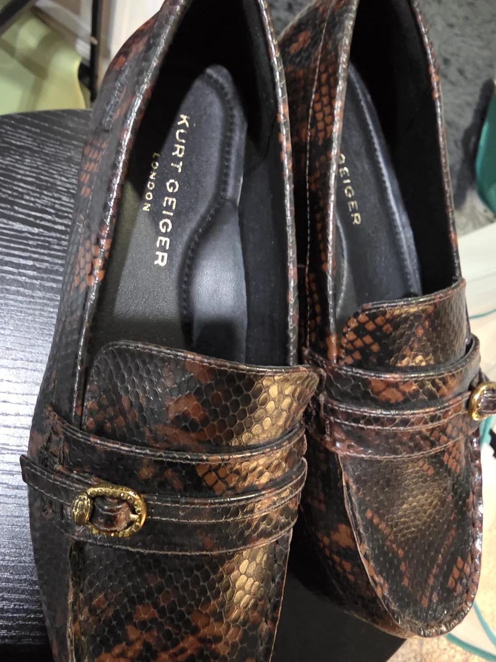 NWOT Kurt Geiger Mayfair Platform Womens Brown Snake-Embossed Leather Loafers